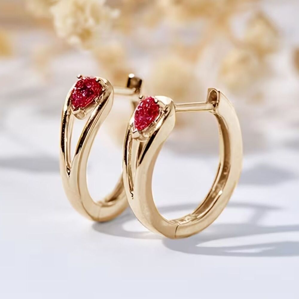 Red Zirconia Crystal Gold Hoop Earrings Teardrop Gemstone Secure Hinge Lightwght